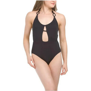 Trina Turk Monaco O-Ring Halter One Piece Swimsuit in Black Size 12  NWT‎